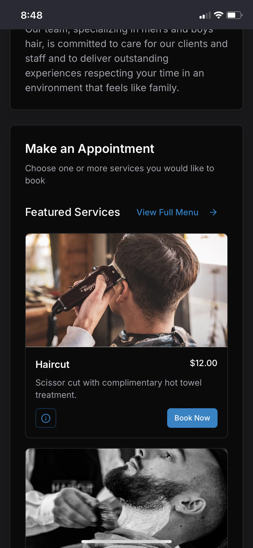 Online booking page interface on mobile (dark mode)